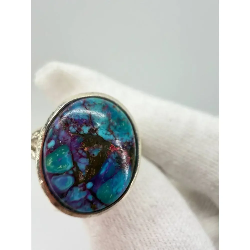 925 Sterling Silver Purple Copper Turquoise Oval Cabochon Statement Ring 4.1g